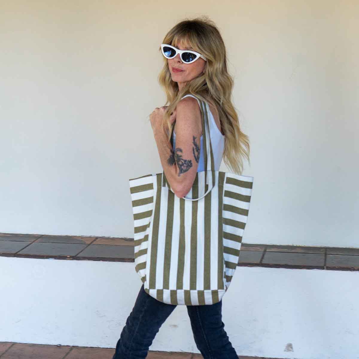 Sac Cabas Elisabeth Rayures Olive / Greige